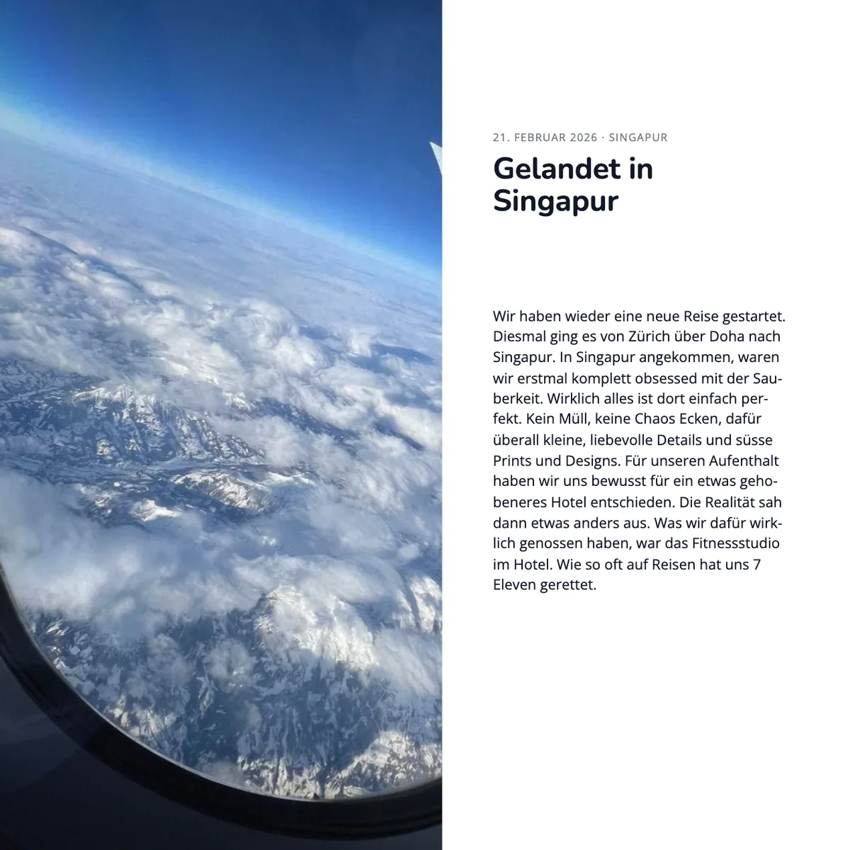 Página de un capítulo de un libro de fotos de viajes con una vista desde la ventanilla del avión y texto de viaje.