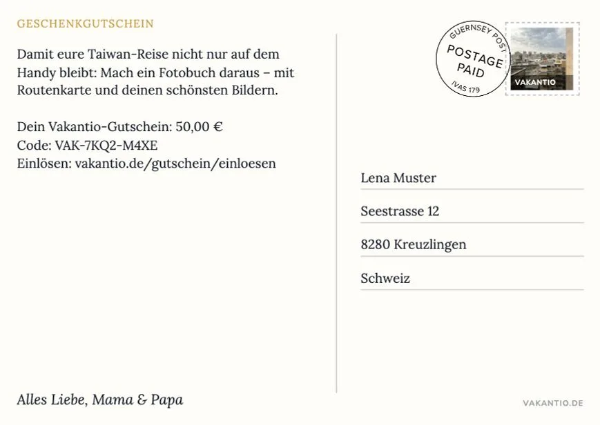 Reverso de la postal del cupón con mensaje, código del cupón y dirección.
