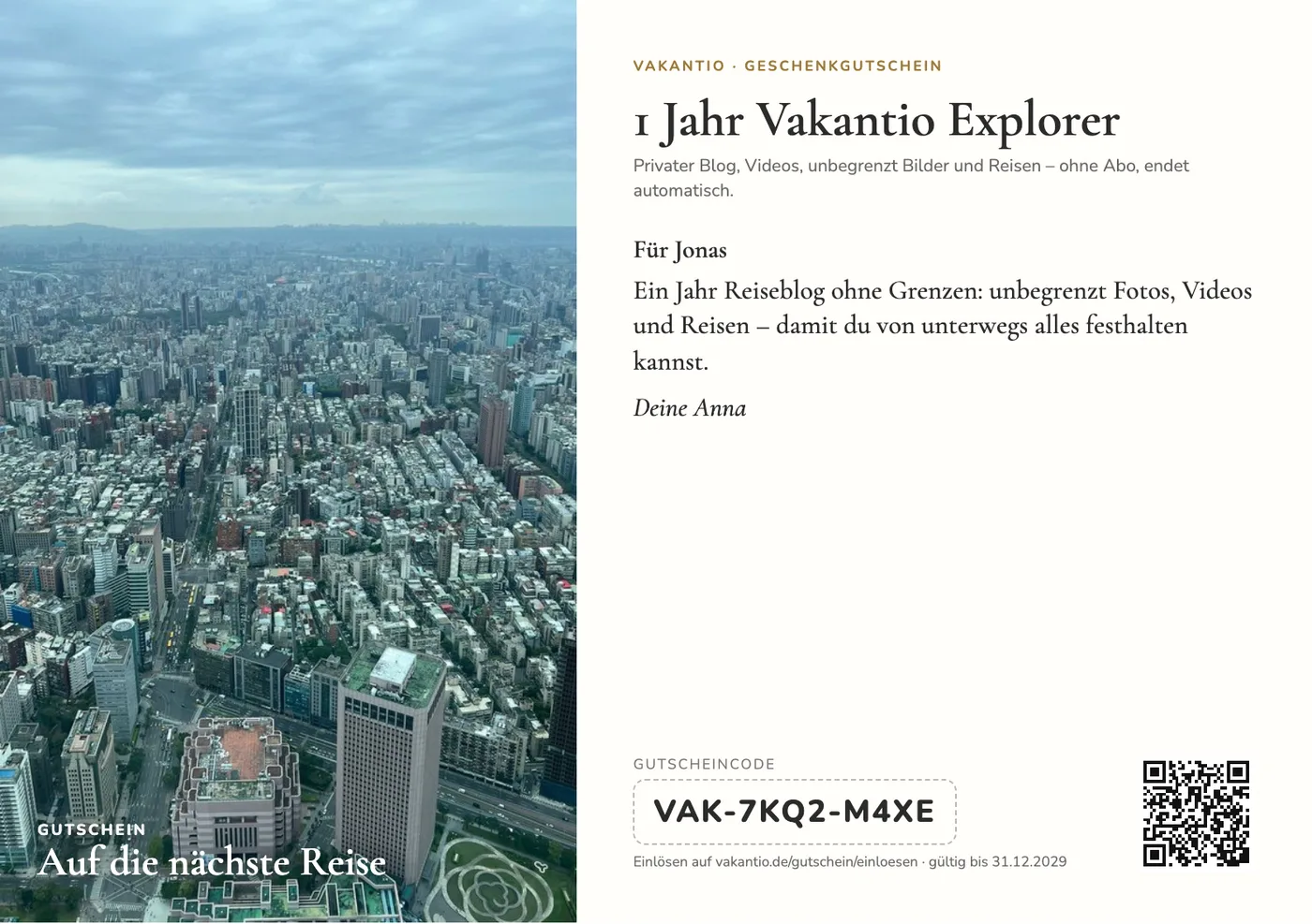 Bono para un viaje de un año Vakantio Explorer con vistas a Taipéi.