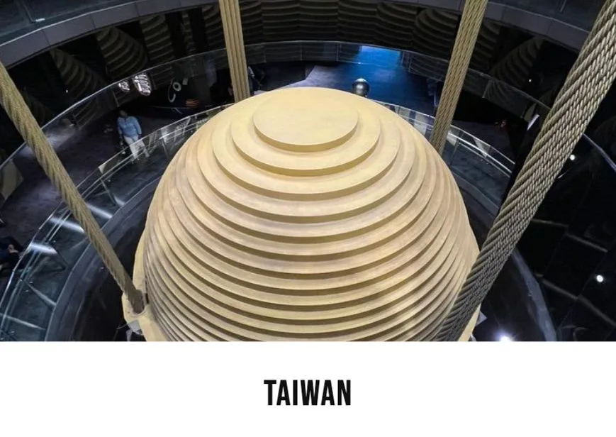 Postal con la torre de vapor del Taipei 101 y el gran título "Taiwán".