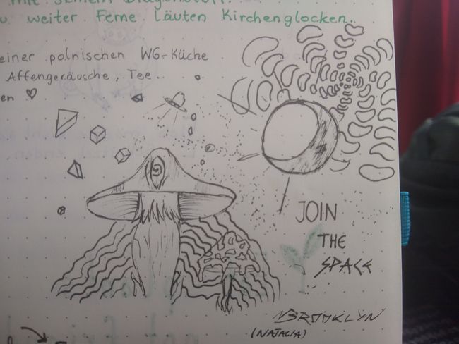 'JOIN THE SPACE' drawing by one of the flatmates, first evening