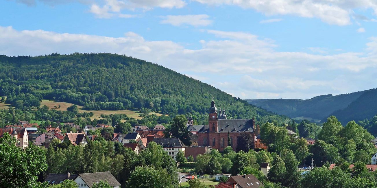 Blick vom Hang am östlichen Ortsrand über Amorbach . . .