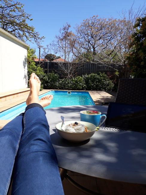 Breakfast in Australia with mango-blueberry Greek yogurt by the pool in the sun ^.^