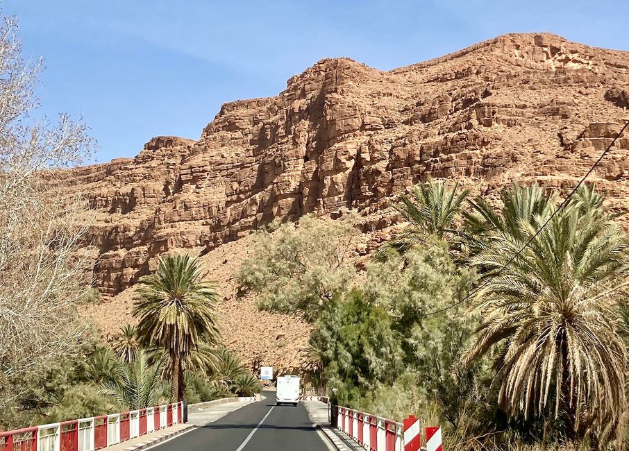 On a road lined with palm trees, we head straight towards a rocky wall. (Photo: Angelika)