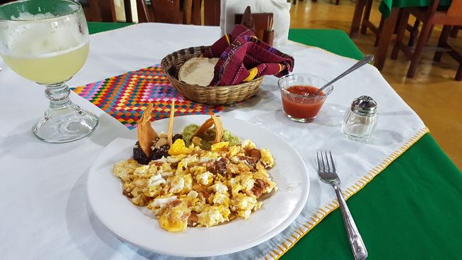 Letztes mexikanisches Frühstück: zur Eierspeise gibts natürlich Bohnen, Guacamole, Tortillas und Salsa