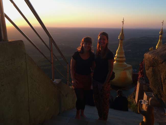 Sunset on Mount Popa, note the monkey stealing water