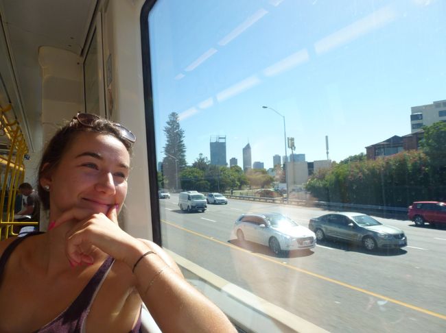 Train ride to Fremantle with Perth in the background