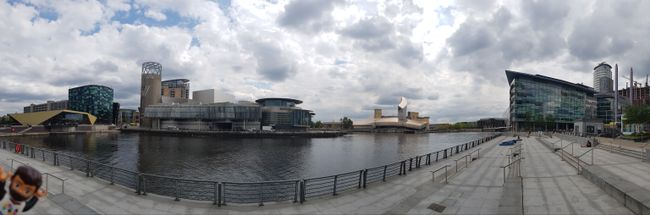 On the left is the Lowry Theatre, in the middle is the Imperial War Museum North, and on the right is the BBC Studio