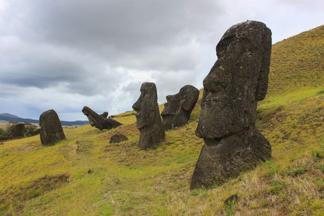 Collection of different Moai at Rano Raraku (production site of the stone figures)