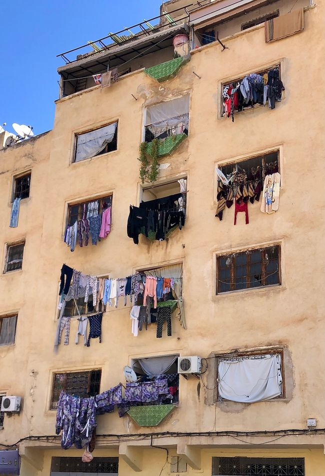 Laundry is simply hung out the window to dry.