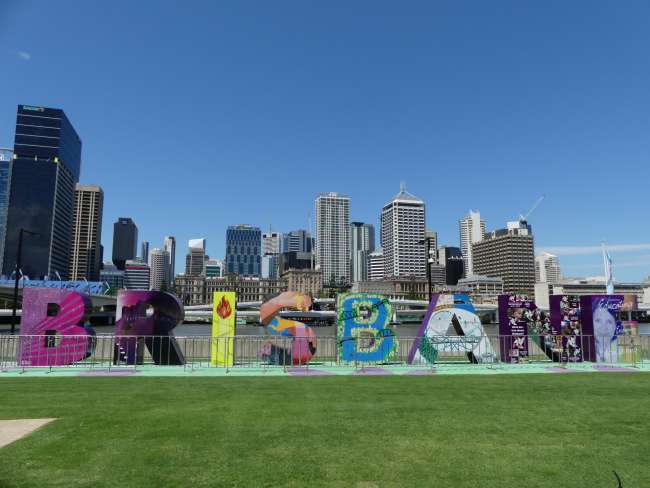 Colorful Brisbane letters with skyline