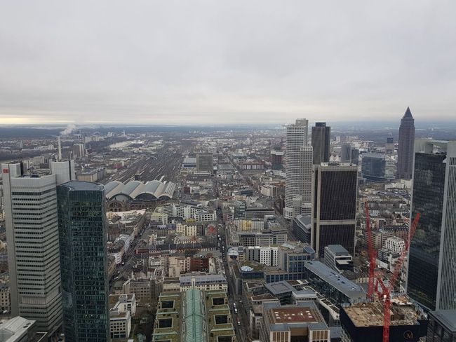 Ausblick über Frankfurt vom Maintower aus mit Hauptabahnhof und hohen Gebäuden