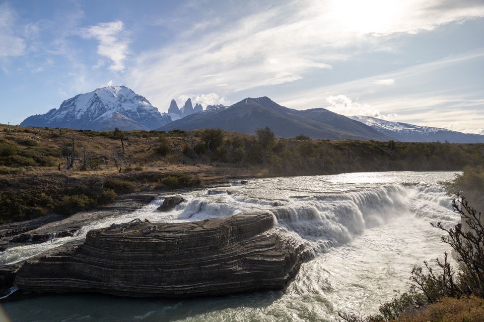 Salto Paine with Torres del Paine in the background