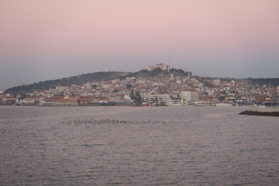 Ayvalik harbor, view of the town hall and a cafe