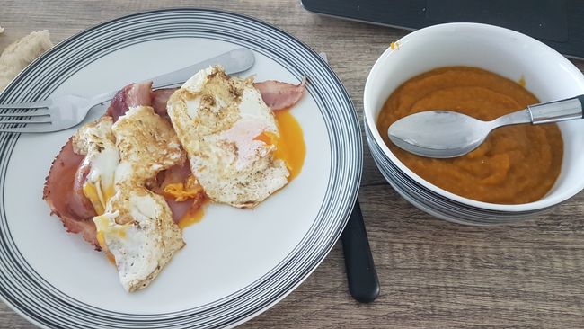 Bacon and eggs and pumpkin soup. 