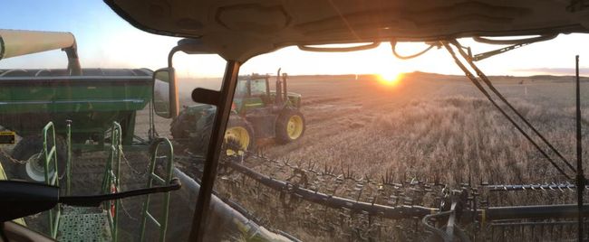 View from the combine. I'm sitting on the tractor in the picture :)
