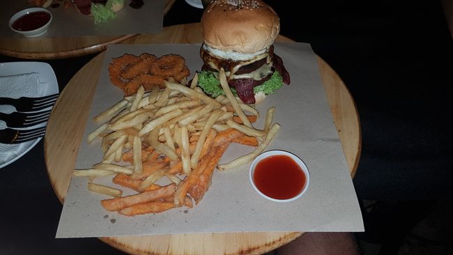 And in the evening, we went to eat burgers. Including onion rings, sweet potato fries, and regular fries. 