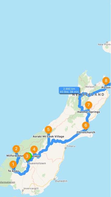 Route Südinsel Neuseeland