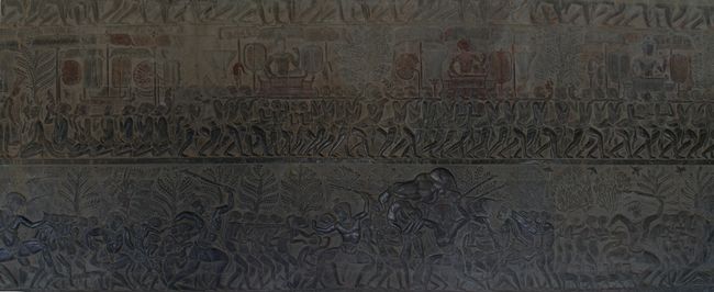Wandrelief in Angkor Wat zeigt Himmel und Hölle