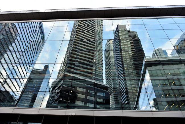 Reflection in the façade of Scotiabank Arena