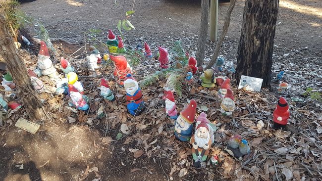 A little village made out of garden gnomes.