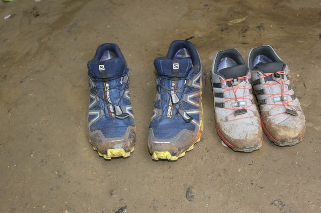 Our trekking shoes after the first tough test - thanks Chregu! (after the first wash)