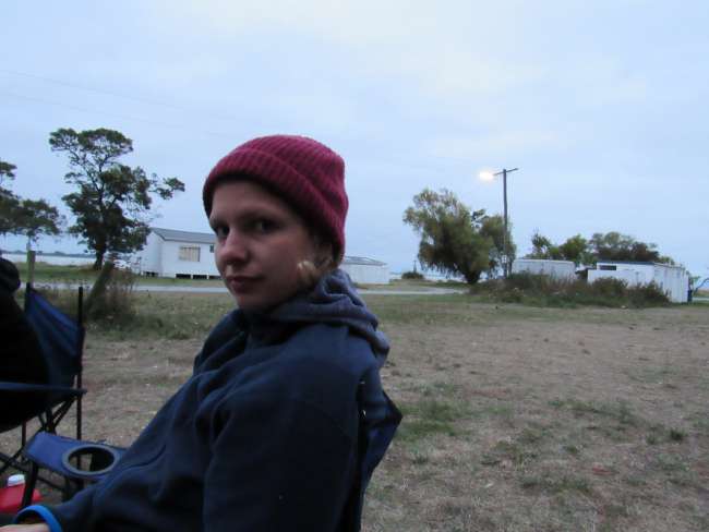 Lisa at the campsite... a bit cold