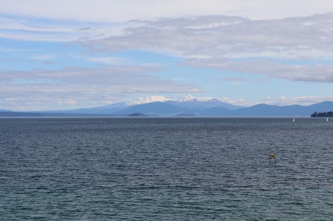 Lake Taupo with the mountains of Tongariro National Park