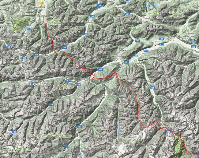 The complete route on the E5 from Italy to Germany