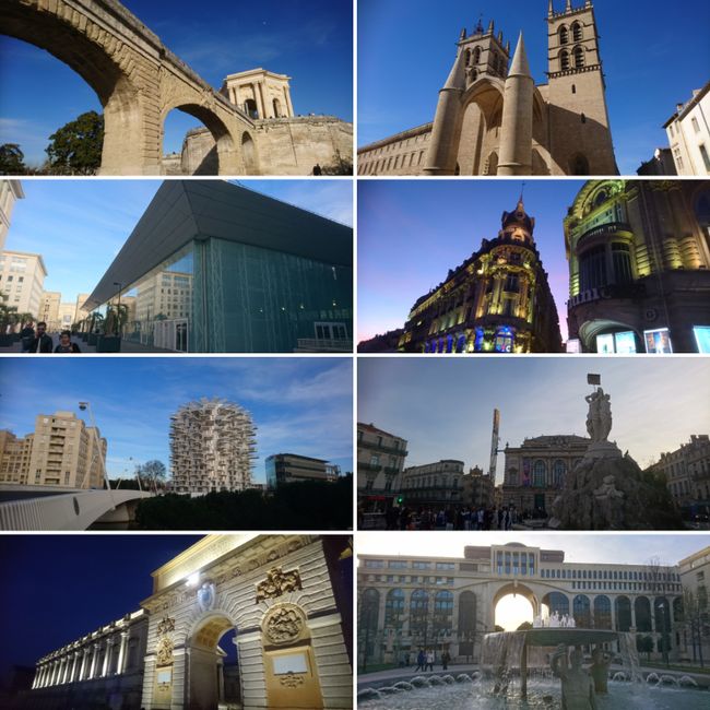 From left to right: the old aqueduct, the municipal swimming pool, a residential building in the Antigone district, the triumphal arch. From top to bottom on the right: Saint Pierre Cathedral, the city center in the dark, the Théâtre Comédie, in the Antigone district.