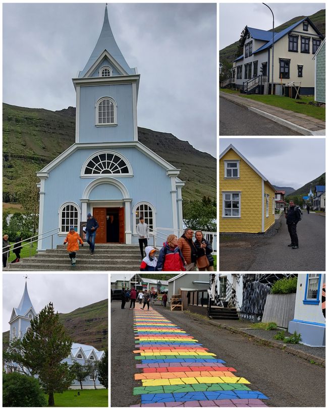 Blue Church and the Rainbow Road in Seydisfjördur