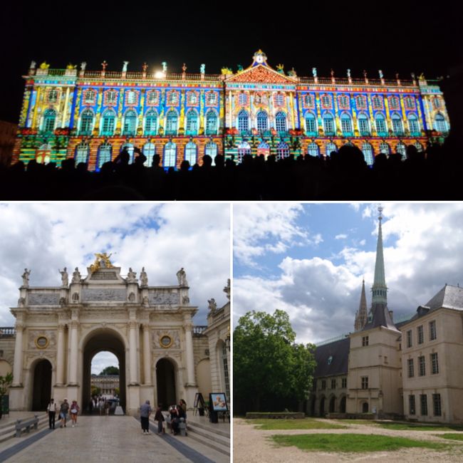 top: the town hall during the light show; bottom left: the Triumphal Arch of the city, also at the central Place Stanislas; bottom right: the Musée de Lorraine (the region around Metz and Nancy) 