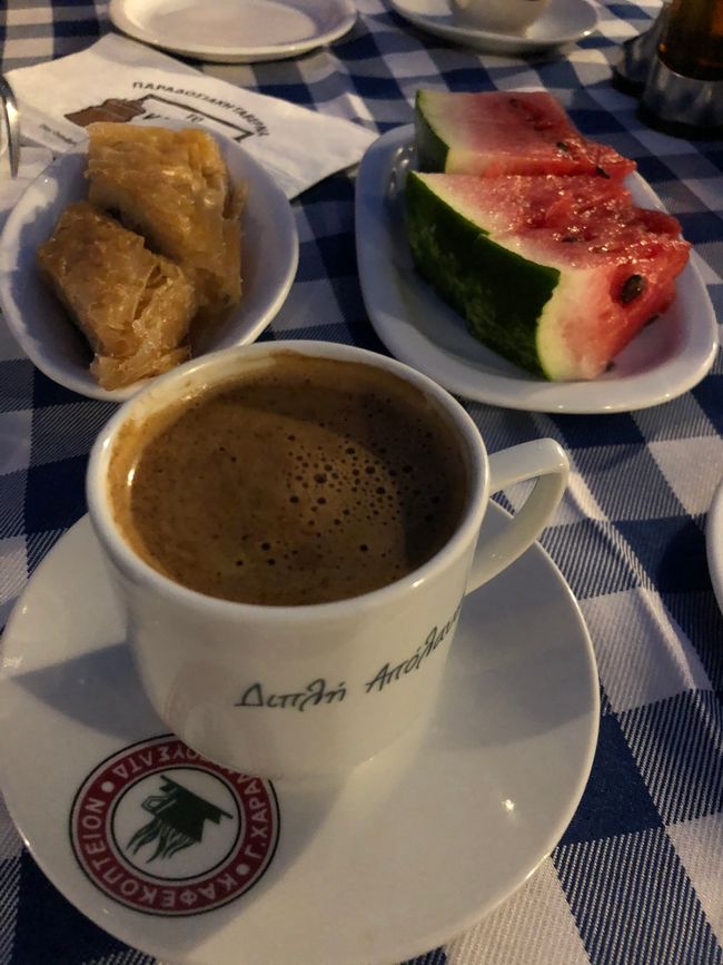 Cyprus coffee, Baklava, and watermelon