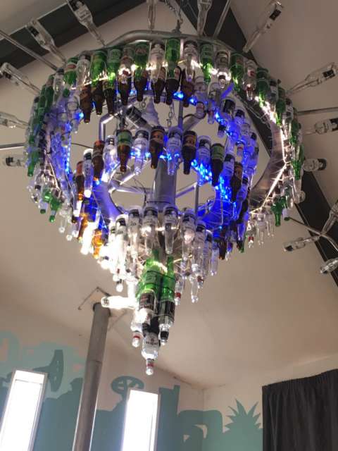 Chandelier in the pub in Fox - beautiful colorful beer bottles