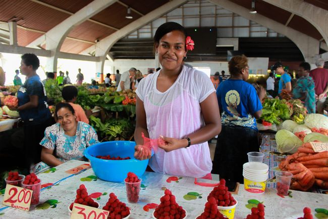Vegetable vendor at the market in Port Vila - yummy raspberries!