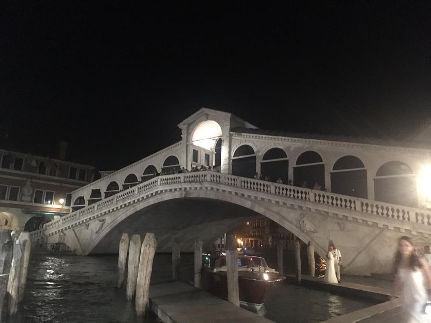 The Rialto Bridge at night.