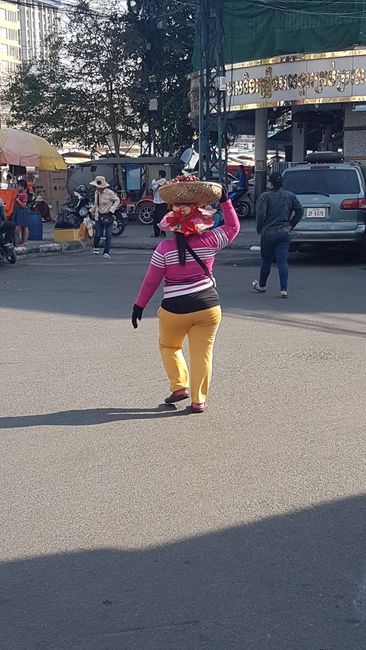 Morgens noch in Phnom Penh, als ich auf der Suche nach dem Bus war. Eine Frau transportiert Trauben auf ihrem Kopf. 