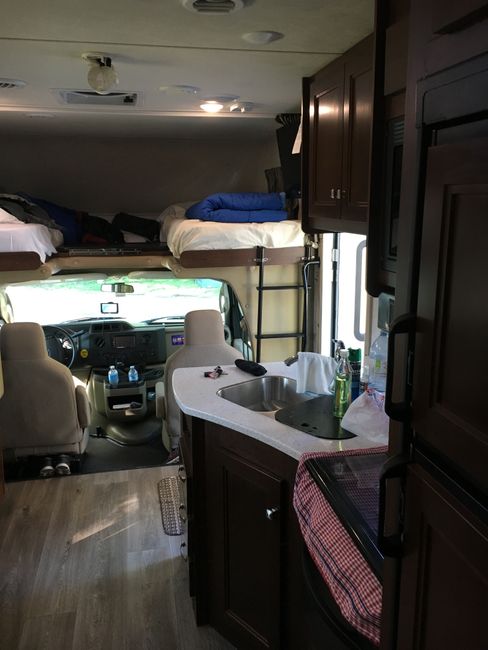 Kitchen, driver's cabin and upper beds