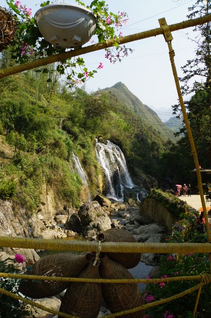 Waterfall in the village with bamboo water wheels