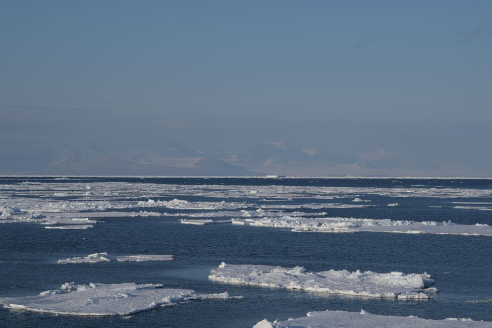 Packeisfeld, im Hintergrund antarktisches Festland