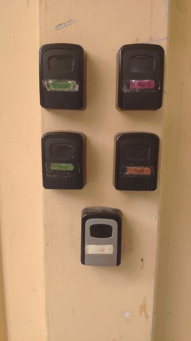 Outside the homestay. The key box safes