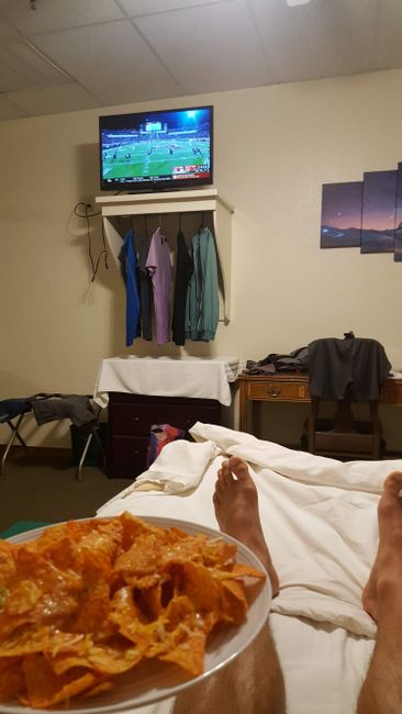 Had a warm shower, laundry facilities, and nachos with college football