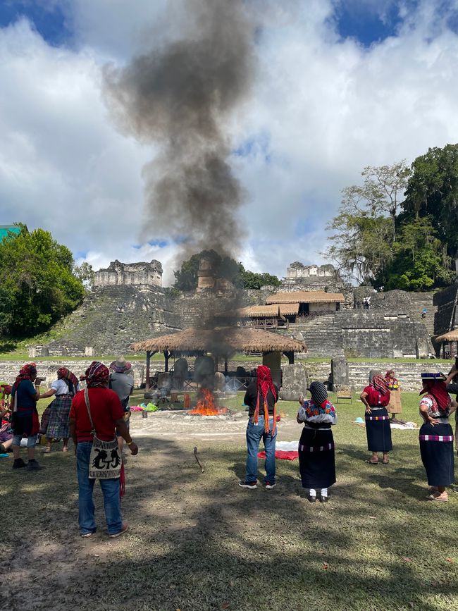 Fire ceremony in front of the Great Jaguar Temple