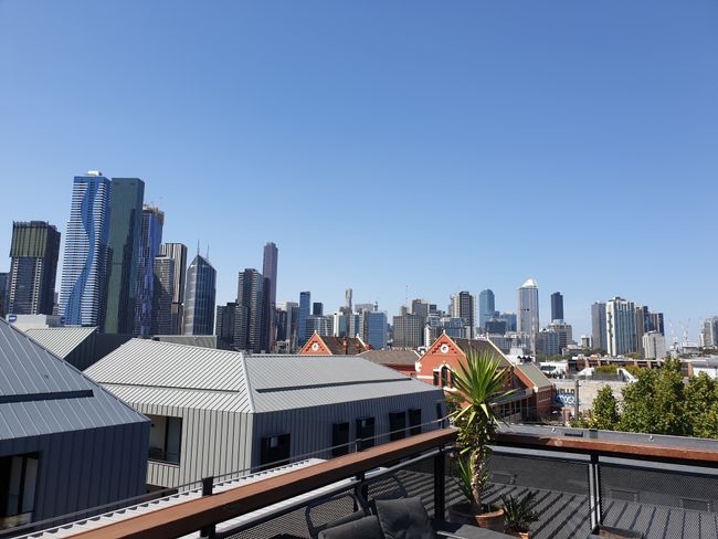 View from the rooftop terrace of our hostel (YHA Melbourne Metro)
