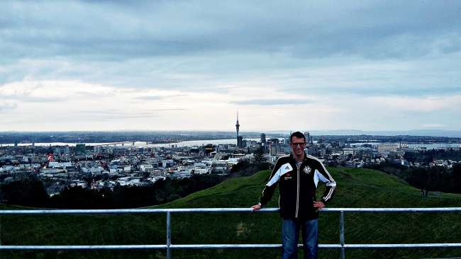 On the summit of Mount Eden (city and crater in the background)