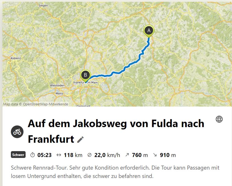 Tourprofil angelehnt an den Jakobsweg von Fulda nach Frankfurt