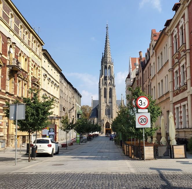 Pedestrian zone in Katowice with church