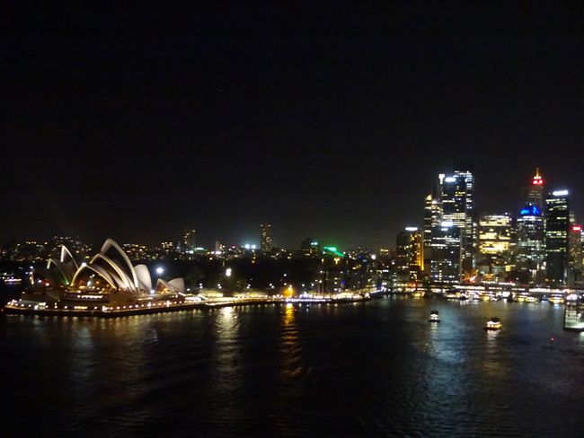 Sydney skyline at night from the Harbour Bridge