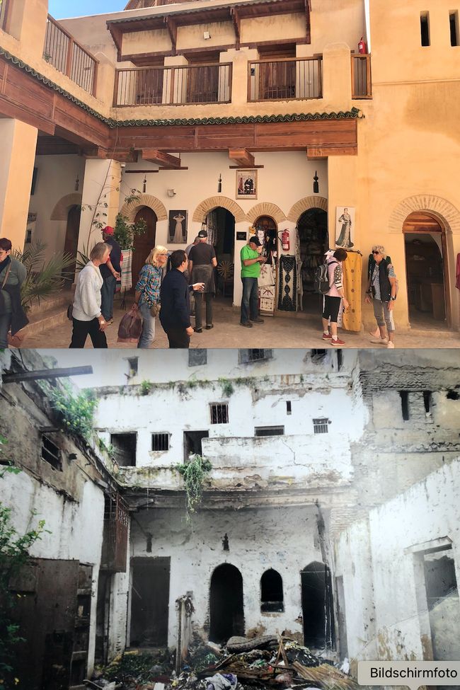 A courtyard after restoration and before.