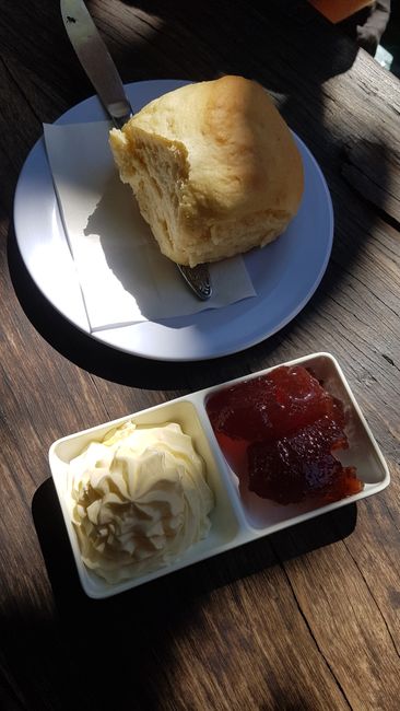 Englische Scones mit Marmelade und Schlagsahne. Mir wurde es danach etwas schlecht, zu viel Zucker und Fett.